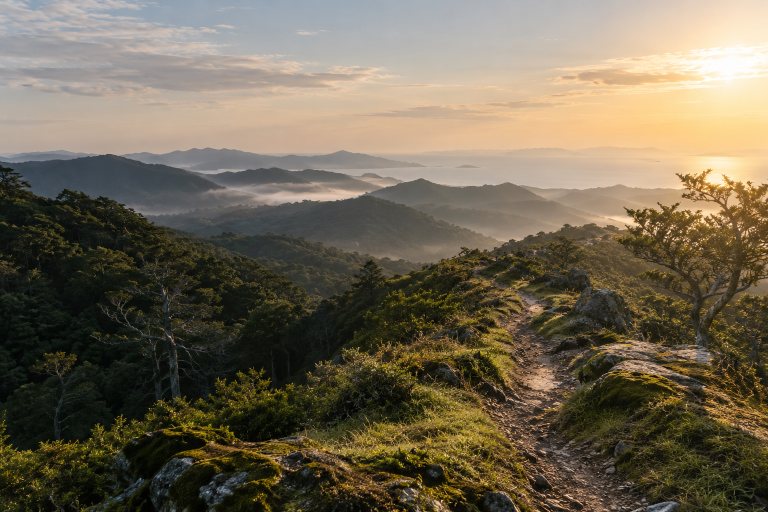 朝の光に照らされた山道と、遠くに広がる景色